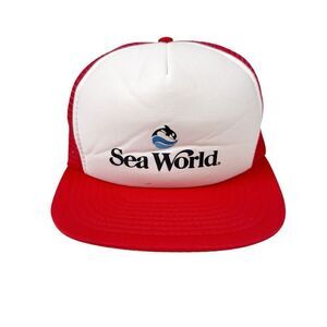 VINTAGE 80s Sea World Adjustable Sportcap Trucker Hat Red Shamu Whale San Diego